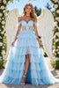Load image into Gallery viewer, Blue A Line Tulle Tiered Maxi Corset Prom Dress with Appliques