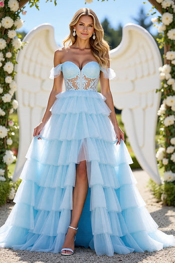 Blue A Line Tulle Tiered Maxi Corset Prom Dress with Appliques
