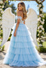 Load image into Gallery viewer, Blue A Line Tulle Tiered Maxi Corset Prom Dress with Appliques