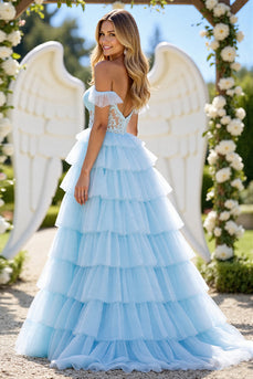 Blue A Line Tulle Tiered Maxi Corset Prom Dress with Appliques