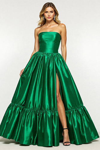 Dark Green A Line Strapless Maxi Satin Prom Dress with Slit