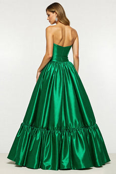 Dark Green A Line Strapless Maxi Satin Prom Dress with Slit