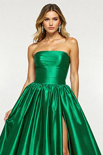 Dark Green A Line Strapless Maxi Satin Prom Dress with Slit