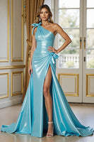 Load image into Gallery viewer, Blue Satin Mermaid Ruched Maxi Prom Dress with Slit