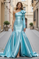 Load image into Gallery viewer, Blue Satin Mermaid Ruffled Maxi Prom Dress with Slit