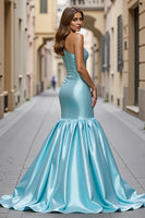 Load image into Gallery viewer, Blue Satin Mermaid Ruffled Maxi Prom Dress with Slit