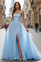 Load image into Gallery viewer, Simple Blue Tulle A Line Strapless Maxi Prom Dress with Slit