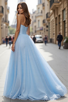 Simple Blue Tulle A Line Strapless Maxi Prom Dress with Slit