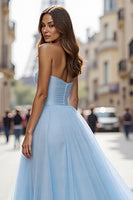 Load image into Gallery viewer, Simple Blue Tulle A Line Strapless Maxi Prom Dress with Slit
