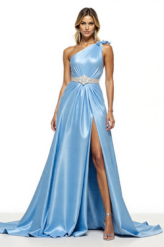 Blue Satin A Line One Shoulder Maxi Prom Dress with Slit