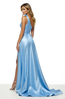 Load image into Gallery viewer, Blue Satin A Line One Shoulder Maxi Prom Dress with Slit