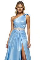 Load image into Gallery viewer, Blue Satin A Line One Shoulder Maxi Prom Dress with Slit