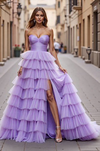 Purple Tulle A Line Maxi Prom Dress with Ruffles