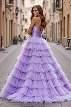 Purple Tulle A Line Maxi Prom Dress with Ruffles