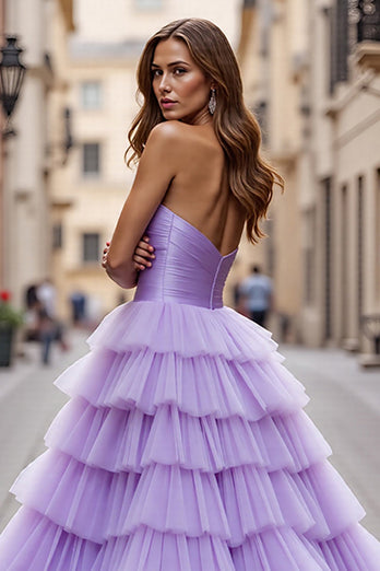 Purple Tulle A Line Maxi Prom Dress with Ruffles