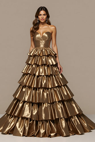 Golden Satin Ball Gown Maxi Prom Dress with Ruffles
