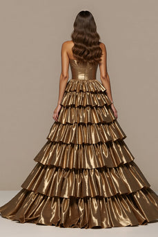 Golden Satin Ball Gown Maxi Prom Dress with Ruffles
