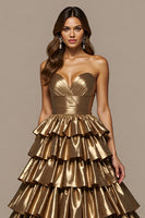 Load image into Gallery viewer, Golden Satin Ball Gown Maxi Prom Dress with Ruffles