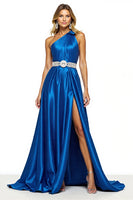 Load image into Gallery viewer, Royal Blue One Shoulder A Line Maxi Satin Prom Dress with Slit