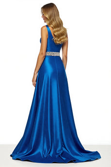 Royal Blue One Shoulder A Line Maxi Satin Prom Dress with Slit