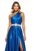 Load image into Gallery viewer, Royal Blue One Shoulder A Line Maxi Satin Prom Dress with Slit