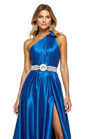 Load image into Gallery viewer, Royal Blue One Shoulder A Line Maxi Satin Prom Dress with Slit