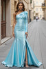 Load image into Gallery viewer, Blue Ruffled Satin Mermaid Maxi Prom Dress with Slit