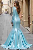 Load image into Gallery viewer, Blue Ruffled Satin Mermaid Maxi Prom Dress with Slit