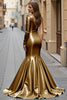 Load image into Gallery viewer, Blue Ruffled Satin Mermaid Maxi Prom Dress with Slit