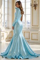 Load image into Gallery viewer, Blue Satin Mermaid One Shoulder Maxi Prom Dress with Slit