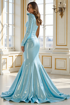 Blue Satin Mermaid One Shoulder Maxi Prom Dress with Slit