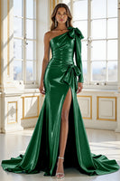 Load image into Gallery viewer, Blue Satin Mermaid One Shoulder Maxi Prom Dress with Slit