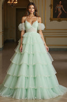 Load image into Gallery viewer, Green Tulle Ball Gown Maxi Prom Dress with Appliques