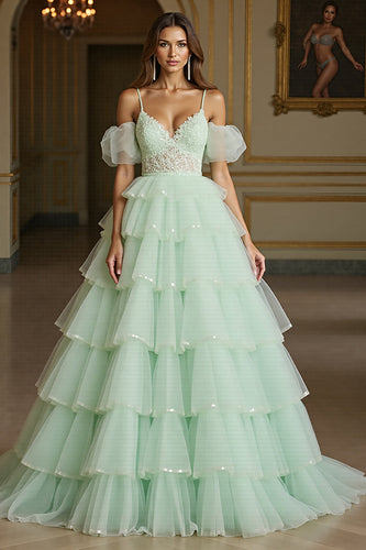 Green Tulle Ball Gown Maxi Prom Dress with Appliques