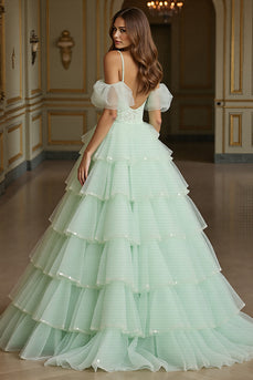 Green Tulle Ball Gown Maxi Prom Dress with Appliques