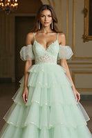 Load image into Gallery viewer, Green Tulle Ball Gown Maxi Prom Dress with Appliques