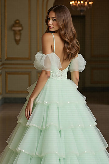 Green Tulle Ball Gown Maxi Prom Dress with Appliques