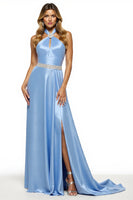 Load image into Gallery viewer, Sparkly Blue A Line Halter Maxi Satin Prom Dress with Slit