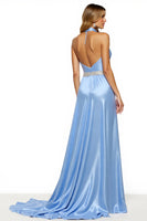 Load image into Gallery viewer, Sparkly Blue A Line Halter Maxi Satin Prom Dress with Slit