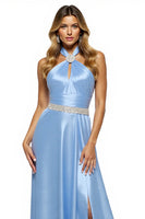 Load image into Gallery viewer, Sparkly Blue A Line Halter Maxi Satin Prom Dress with Slit