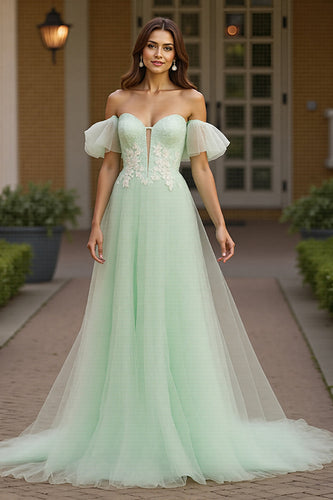 Green Tulle A Line Off the Shoulder Maxi Prom Dress with Appliques