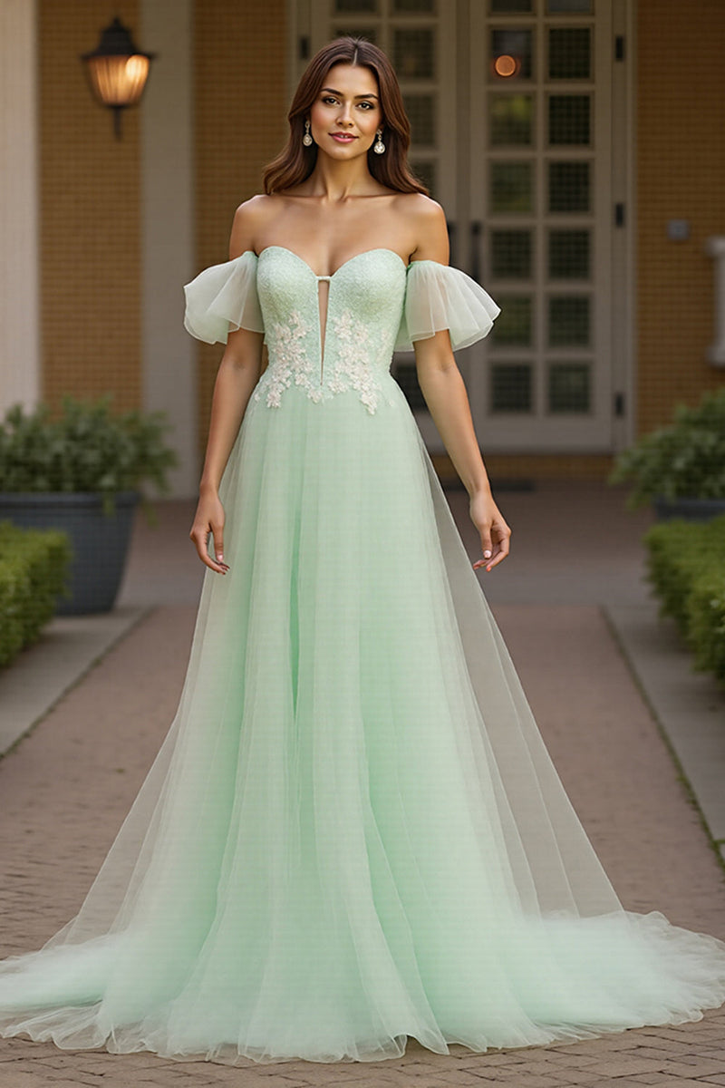 Load image into Gallery viewer, Green Tulle A Line Off the Shoulder Maxi Prom Dress with Appliques