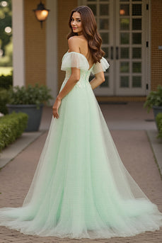 Green Tulle A Line Off the Shoulder Maxi Prom Dress with Appliques