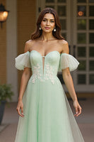 Load image into Gallery viewer, Green Tulle A Line Off the Shoulder Maxi Prom Dress with Appliques