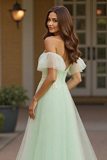 Green Tulle A Line Off the Shoulder Maxi Prom Dress with Appliques