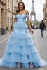 Load image into Gallery viewer, Blue Mermaid Tiered Off the Shoulder Maxi Prom Dress with Ruffles
