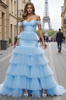 Load image into Gallery viewer, Blue Mermaid Tiered Off the Shoulder Maxi Prom Dress with Ruffles