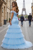 Load image into Gallery viewer, Blue Mermaid Tiered Off the Shoulder Maxi Prom Dress with Ruffles