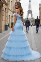 Load image into Gallery viewer, Blue Mermaid Tiered Off the Shoulder Maxi Prom Dress with Ruffles
