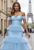 Load image into Gallery viewer, Blue Mermaid Tiered Off the Shoulder Maxi Prom Dress with Ruffles